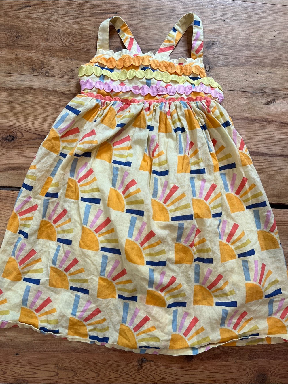 HANNA ANDERSSON 120 Yellow Sun Print Sundress Circle Rick-Rack Trim
